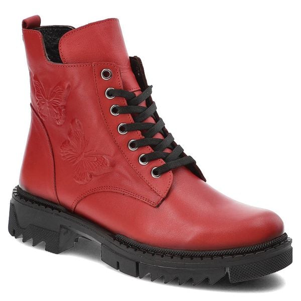 Czerwone Botki Artiker Modne Skórzane Buty. Czerwone kozaki damskie Artiker, bez obcasa. Za 305.99 zł.
