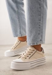 Beżowe Klasyczne Trampki na Grubej Podeszwie Araenes. Brązowe obuwie sportowe damskie Born2be, bez wzorów, z jeansu, klasyczne, bez zapięcia. Za 79.99 zł.