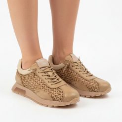 Sneakersy damskie Hispanitas, ze skóry naturalnej z tekstylnymi wstawkami ażurowymi klasyczne sznurowanie i zaokrąglony nosek, beżowe, RHV264741 Bole. Brązowe półbuty damskie Hispanitas, na lato, w ażurowe wzory, ze skóry, eleganckie, bez obcasa, bez zapięcia. Za 639.00 zł.