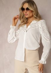 Biała Klasyczna Koszula w Stylu Boho z Bawełny z Ażurową Koronką Tilhila. Białe bluzki damskie Renee, m, w ażurowe wzory, z bawełny, boho, bez kołnierzyka, bez ramiączek. Za 129.99 zł.