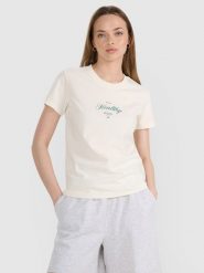 4F T-shirt regular z nadrukiem damski - biały S. Białe koszulki sportowe damskie 4f, s, bez wzorów, z bawełny, bez kołnierzyka, bez ramiączek. W wyprzedaży za 39.99 zł.