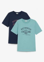 T-shirt z czystej bawełny organicznej (zestaw 2 szt.). Niebieskie t-shirty męskie bonprix, m, bez wzorów, z bawełny, eleganckie, bez kołnierzyka. Za 79.98 zł.