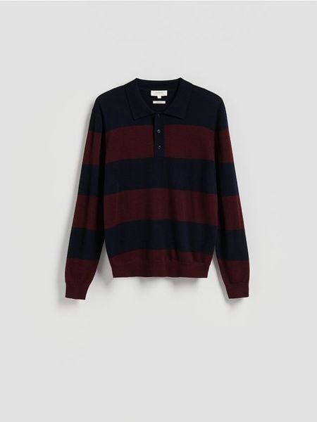 Sweter polo z wełny merino - granatowy. Niebieskie swetry przez głowę męskie Reserved, l, bez wzorów, z wełny, bez kołnierzyka. Za 219.99 zł.