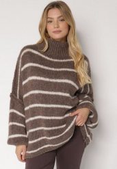 Brązowy Golf Oversize w Paski z Domieszką Wełny i Wiskozy Nexeia. Brązowe swetry damskie Born2be, bez wzorów, z jeansu, eleganckie, bez kołnierzyka, bez ramiączek, bez kaptura. Za 159.99 zł.