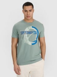 4F T-shirt regular z nadrukiem męski - oliwkowy M. Brązowe koszulki sportowe męskie 4f, m, bez wzorów, z bawełny, klasyczne, bez kołnierzyka. Za 69.99 zł.
