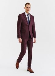PAKO LORENTE – Bordowe spodnie garniturowe w subtelną kratę. Czerwone eleganckie spodnie męskie Pako Lorente, bez wzorów, z elastanu. Za 109.99 zł.