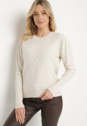 Jasnobeżowy Sweter z Wiskozą Modalem i Ozdobnym Splotem Jaliti. Brązowe swetry damskie Born2be, m, bez wzorów, z jeansu, wizytowe, bez kołnierzyka, bez ramiączek, długie, bez kaptura. Za 74.99 zł.