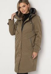 Ciemnozielona Pudełkowa Kurtka Typu Parka z Kapturem i Kieszeniami Kaithraea. Zielone kurtki damskie Born2be, l, bez wzorów, z wełny, eleganckie, z kapturem. Za 349.99 zł.