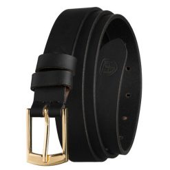 Skórzany pasek damski w czarnym kolorze ze złotą, klasyczną klamrą - Peterson. Czarne paski damskie Peterson, bez wzorów, ze skóry, eleganckie. Za 45.00 zł.