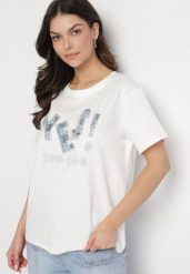 Biały T-shirt z Bawełny Ozdobiony Cekinami i Cyrkoniami Camiren. Białe bluzki damskie Born2be, l, z aplikacjami, z bawełny, eleganckie, bez kołnierzyka. Za 34.99 zł.