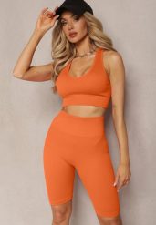 Pomarańczowe Prążkowane Szorty Kolarki High Waist Olevitta. Brązowe szorty damskie Renee, bez wzorów, prążkowane, z podwyższonym stanem. Za 39.99 zł.