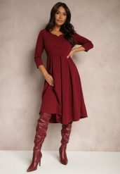 Bordowa Sukienka o Rozkloszowanym Kroju z Rękawem Długości 3/4 Nomini. Czerwone sukienki damskie Renee, na randkę, m, bez wzorów, eleganckie, bez kołnierzyka, bez ramiączek, midi, rozkloszowane. Za 99.99 zł.