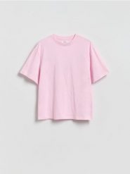 Bawełniany t-shirt oversize - pastelowy róż. Czerwone t-shirty damskie Reserved, l, bez wzorów, z bawełny, bez kołnierzyka. Za 39.99 zł.