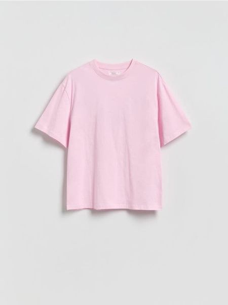 Bawełniany t-shirt oversize - pastelowy róż. Czerwone t-shirty damskie Reserved, l, bez wzorów, z bawełny, bez kołnierzyka. Za 39.99 zł.
