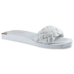 Klapki damskie Chebello, naturalna skóra licowa z szerokim plecionym paskiem wsuwaną konstrukcją oraz płaską lekką podeszwą, białe, 2609-364-PSK. Białe sandały damskie CheBello, bez wzorów, ze skóry, bez obcasa, na płaskiej podeszwie, bez zapięcia. Za 199.00 zł.