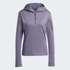 Bluza Own The Run Winterized Hooded Half-Zip. Fioletowe bluzy damskie Adidas, xs, bez wzorów, z dresówki, z kapturem, do biegania. W wyprzedaży za 244.10 zł.