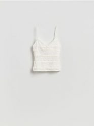 Koronkowa bluzka - złamana biel. Bluzki damskie Reserved, l, bez wzorów, z bawełny, bez kołnierzyka, bez ramiączek. Za 59.99 zł.