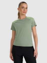 4F Koszulka do biegania w terenie szybkoschnąca damska - oliwkowa/khaki XS. Brązowe koszulki sportowe damskie 4f, xs, bez wzorów, z materiału, bez kołnierzyka, bez ramiączek, do biegania. Za 129.99 zł.