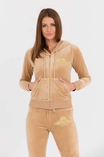 JUICY COUTURE Beżowa damska bluza Arched Metallic, Rozmiar M. Brązowe bluzy damskie Juicy Couture, m, bez wzorów, z kapturem. W wyprzedaży za 264.99 zł.