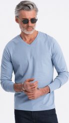 Ombre Męski longsleeve bez nadruku z dekoltem w serek - niebieski denim V9 OM-LSBL-0108 M. Niebieskie bluzki z długim rękawem męskie Ombre, m, bez wzorów, z denimu, bez kołnierzyka. Za 69.99 zł.