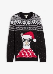 Świąteczny sweter z miękkiej mieszanki bawełny. Czarne swetry przez głowę męskie bonprix, m, bez wzorów, z bawełny, bez kołnierzyka. Za 129.99 zł.
