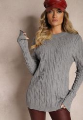 Ciemnoszary Sweter z Wiskozą Ozdobiony Tłoczeniem Savra. Szare swetry damskie Renee, na zimę, bez wzorów, z wiskozy, casualowe, bez kołnierzyka, bez ramiączek, bez kaptura. Za 99.99 zł.