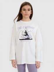 4F Longsleeve oversize z nadrukiem dziewczęcy - biały 152 (11-12 lat). Białe t-shirty i topy dla dziewczynek 4f, bez wzorów, z bawełny, bez ramiączek. W wyprzedaży za 19.99 zł.