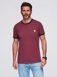 T-shirt męski z kontrastowymi lampasami – bordowy V2 - Rozmiar: XL. Czerwone t-shirty męskie Ombre Clothing, m, z aplikacjami, z bawełny, klasyczne, bez kołnierzyka. Za 109.99 zł.