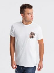 T-shirt męski bawełniany z nadrukiem na klatce piersiowej - biały V3 OM-TSPT-0167 - XXL. Białe t-shirty męskie Ombre Clothing, m, bez wzorów, z bawełny, bez kołnierzyka. W wyprzedaży za 19.99 zł.