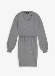 Bardzo miękki komplet dzianinowy 2-częściowy: sweter + spódnica. Szare spódnice damskie bonprix, bez wzorów, z dzianiny, moda ciążowa. Za 199.99 zł.