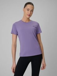 4F Koszulka treningowa regular szybkoschnąca damska - fioletowa S. Fioletowe koszulki sportowe damskie 4f, s, bez wzorów, bez kołnierzyka, bez ramiączek, na fitness i siłownię. Za 79.99 zł.