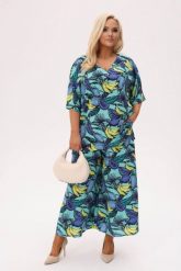 Wakacyjny miętowy komplet Tropica Lazurowe Owoce (bluzka + spódnico - spodnie) PLUS SIZE XXL OVERSIZE. Niebieskie spodnie materiałowe damskie Moda Size Plus Iwanek, l, bez wzorów, z bawełny. Za 379.90 zł.