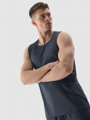 4F Tank top treningowy regular z materiału z recyklingu męski - granatowy L. Niebieskie koszulki sportowe męskie 4f, l, bez wzorów, z dzianiny, bez kołnierzyka, bez ramiączek, na fitness i siłownię. W wyprzedaży za 29.99 zł.