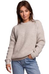 Sweter Oversize o Przedłużonym Kroju - Beżowy. Brązowe swetry damskie MOE, l, bez wzorów, z materiału, bez kołnierzyka, bez ramiączek, bez kaptura. Za 243.90 zł.