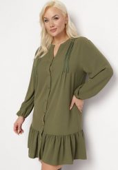 Jasnozielona Koszulowa Sukienka Mini z Falbanką Brindel. Zielone sukienki damskie Born2be, l, bez wzorów, bez kołnierzyka, plus size, bez ramiączek, mini, koszulowe. Za 54.99 zł.