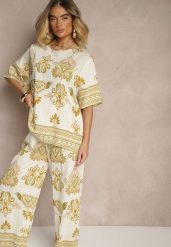 Żółty Wiskozowy Komplet w Orientalny Print Szerokie Spodnie i T-shirt Pollialia. Żółte spodnie materiałowe damskie Renee, l, z aplikacjami, z wiskozy. Za 74.99 zł.
