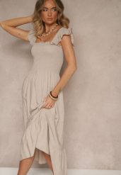 Beżowa Sukienka z Bawełny na Ramiączkach Ozdobiona Falbanami i Gumkami Mevalys. Brązowe sukienki damskie Renee, na imprezę, l, bez wzorów, z bawełny, eleganckie, bez kołnierzyka, bez ramiączek, maxi, rozkloszowane. Za 39.99 zł.