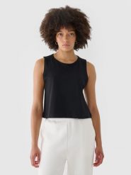 4F Crop top regular gładki damski - czarny M. Czarne koszulki sportowe damskie 4f, m, bez wzorów, z bawełny, bez kołnierzyka, bez ramiączek. W wyprzedaży za 29.99 zł.
