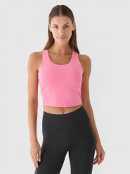 4F Crop top treningowy szybkoschnący damski - różowy L. Czerwone koszulki sportowe damskie 4f, l, bez wzorów, z dzianiny, bez kołnierzyka, bez ramiączek, na fitness i siłownię. W wyprzedaży za 49.99 zł.