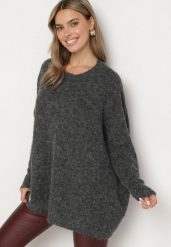 Ciemnoszary Klasyczny Sweter o Kroju Oversize Zallelia. Szare swetry damskie Born2be, na jesień, bez wzorów, z wełny, biznesowe, bez kołnierzyka, bez ramiączek, długie, bez kaptura. Za 149.99 zł.