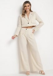 Beżowy Komplet Garniturowy z Krótką Marynarką i Szerokimi Spodniami w Paski Laoisetta. Brązowe żakiety damskie Born2be, l, bez wzorów, eleganckie. Za 199.99 zł.