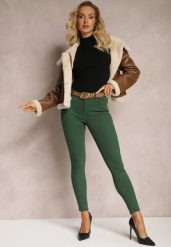Ciemnozielone Jeansy Skinny z Paskiem z Klamerką Pisanne. Zielone jeansy damskie Renee. Za 59.99 zł.