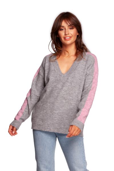 Sweter w Serek z Lampasami - Szary. Szare swetry damskie MOE, l, bez wzorów, z materiału, bez kołnierzyka, bez ramiączek, bez kaptura. Za 176.26 zł.