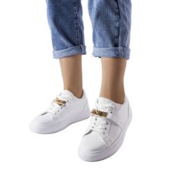 Biało złote sneakersy 2JO-YD41633-01 Gold białe. Białe trampki i tenisówki damskie bez wzorów, z materiału, klasyczne, bez zapięcia. Za 88.66 zł.