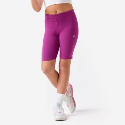 Legginsy sportowe dla dzieci Domyos krótkie. Fioletowe legginsy dla dziewczynek DOMYOS, bez wzorów, z bawełny, krótkie. Za 29.99 zł.
