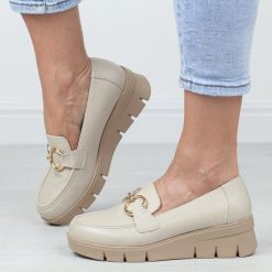 Beżowe mokasyny damskie na koturnie Potocki 12374. Brązowe mokasyny damskie POTOCKI, z materiału, eleganckie. Za 169.00 zł.
