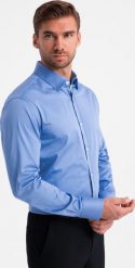 Ombre Klasyczna męska koszula SLIM FIT z satynowej tkaniny niebieska V2 OM-SHOS-0176 M. Niebieskie koszule męskie Ombre, m, bez wzorów, z satyny, klasyczne, bez kołnierzyka, bez ramiączek. Za 169.99 zł.