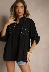 Czarna Koszula z Wiskozą i Perełkami Tanathiel. Czarne bluzki damskie Renee, z aplikacjami, z jeansu, eleganckie, bez kołnierzyka, bez ramiączek. Za 59.99 zł.