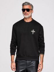 Bluza męska z aplikacją krzyża ze srebrnych kamieni z okrągłym dekoltem - czarna V1. Czarne bluzy męskie Ombre Clothing, m, z aplikacjami, z denimu, bez kaptura. Za 379.99 zł.