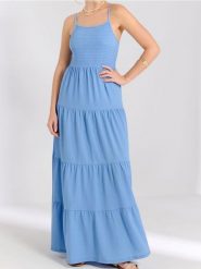 Sukienka maxi z marszczeniami - niebieski. Niebieskie sukienki damskie Sinsay, l, bez wzorów, boho, bez kołnierzyka, bez ramiączek, maxi. W wyprzedaży za 39.99 zł.